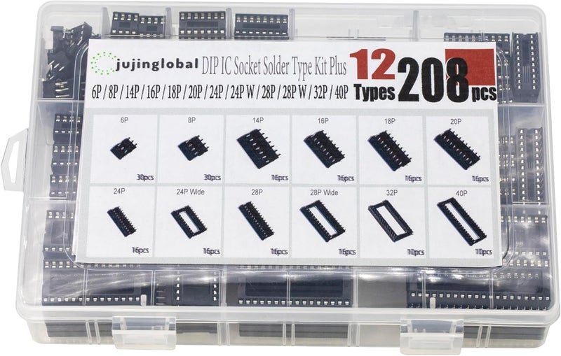 jujinglobal 208pcs 12 Types DIP IC Socket Assortment Kit 2.54mm 0.1" Pitch 6 8 14 16 18 20 24 24Wide 28 28Wide 32 40 Pin DIP IC Socket Solder Type Adaptor Assortment Kits - Image 3